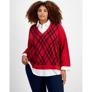 Tommy Hilfiger Layered-Look Gingham V-Neck Red White‎ Sweater Collared Shirt 1X